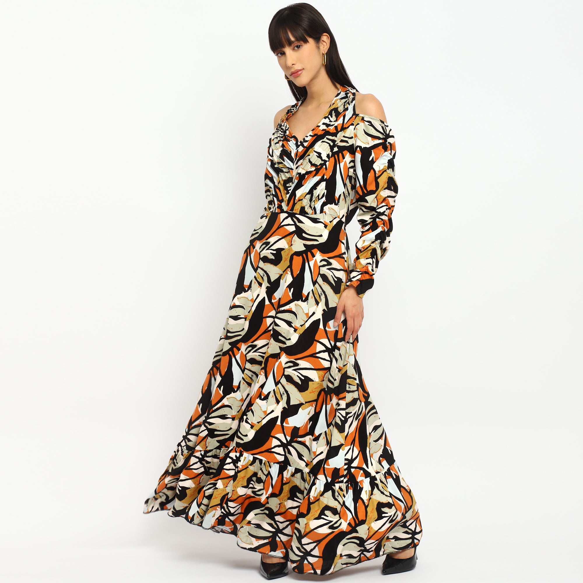 Tropical Rhapsody Cold-Shoulder Maxi Dress